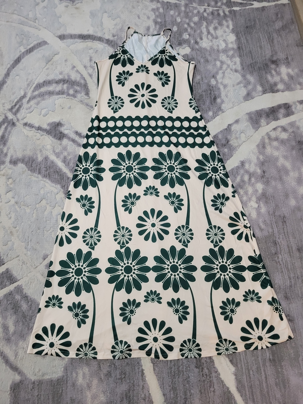 Brand New Women Cream Maxi Dress with Dark Green Floral Design - Size L
